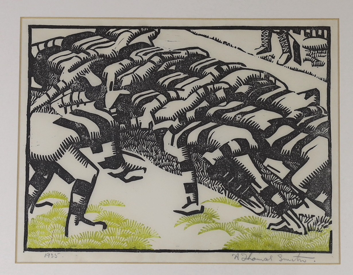 A. Thomas Smith, linocut, 'Rugby Scrum', signed in pencil and dated 1935, 15 x 20cm